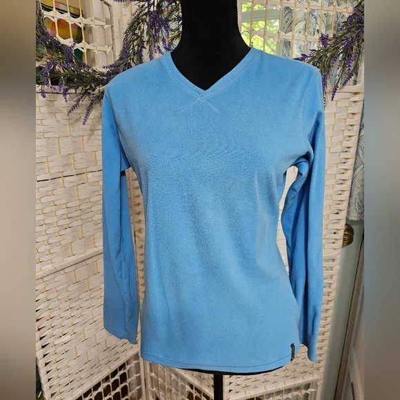 Columbia Ocean Blue Fleece V-Neck LS Hiking Outdoor Athleisure Top - Picture 2 of 7